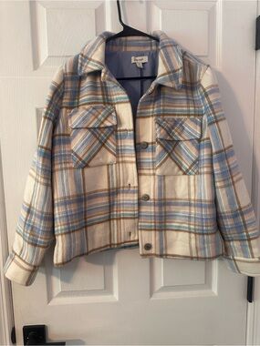 ON 34th Cream Plaid Utility Jacket with Light Blue & Tan Stripes